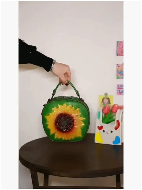 Vintage Genuine Leather Crossbody Bag with Sunflower Embossed Design - Picture 7 of 7